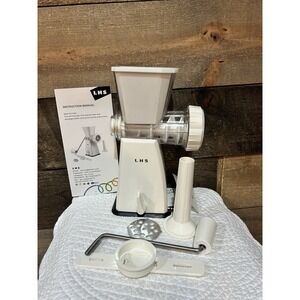 LHS Manual Meat Grinder White with Sausage Stuffer & Spritz Cookie Attachment